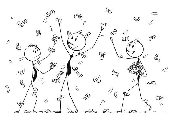 卡通棒绘制的一群商人庆祝和收集金钱或钞票雨从天而降的概念插图 金融成功的隐喻 — 图库矢量图片