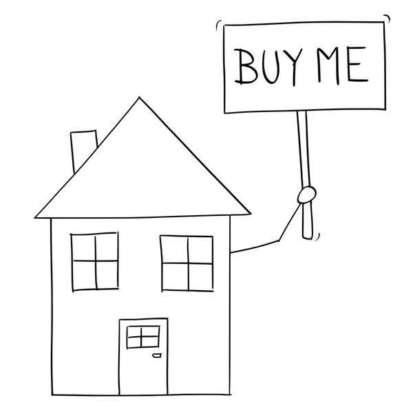 Dessin animé de la maison familiale Holding Buy Me Sign — Image vectorielle