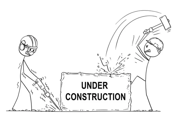 Dibujos animados de dos trabajadores o trabajadores que trabajan con martillo y taladro en roca o piedra con texto en construcción — Vector de stock