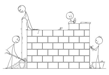 Karikatür grup Masonlar veya bina tuğladan bir duvar veya ev tuğla örme ustaları
