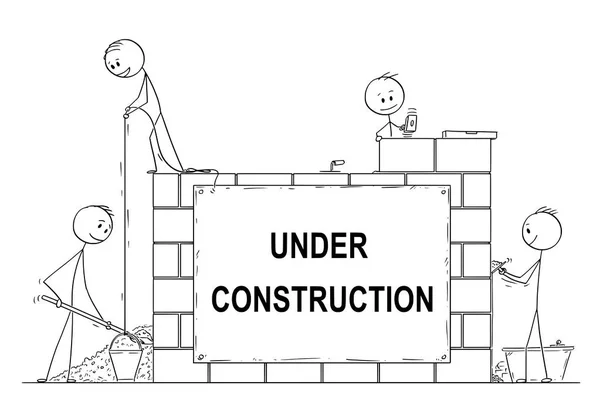 Karikatur einer Gruppe von Maurern oder Maurern, die eine Mauer oder ein Haus aus Ziegeln bauen. Es ist im Bau Zeichen. — Stockvektor