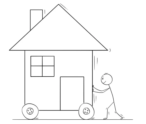 Cartoon of Man Pushing or Moving Family House on Wheels - Stok Vektor