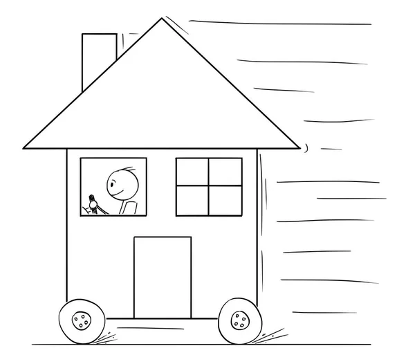 Karikatur eines Mannes, der ein Einfamilienhaus auf Rädern als Auto fährt und bewegt — Stockvektor