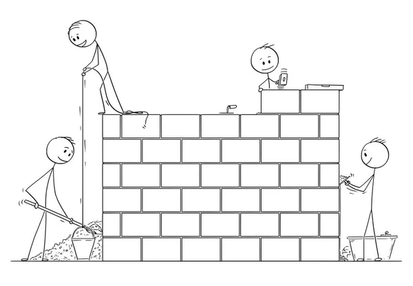 Karikatur einer Gruppe von Maurern oder Maurern, die eine Mauer oder ein Haus aus Ziegeln bauen — Stockvektor