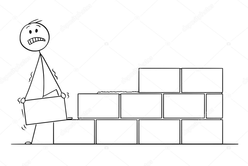 Cartoon of Mason or Bricklayer Building a Wall from Bricks or Blocks