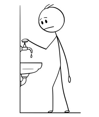 Karikatür çizim kavramsal çizimi adam eski veya retro musluk üzerinde el ile veya musluk lavabo içinde damlayan su ile sopa. Su tasarrufu veya sıkıntısı kavramı.