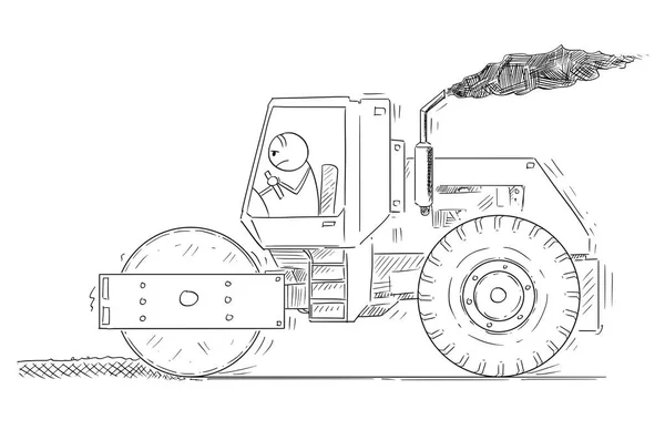 Cartoon of Tired Man Driving or Working with Road Roller — стоковый вектор