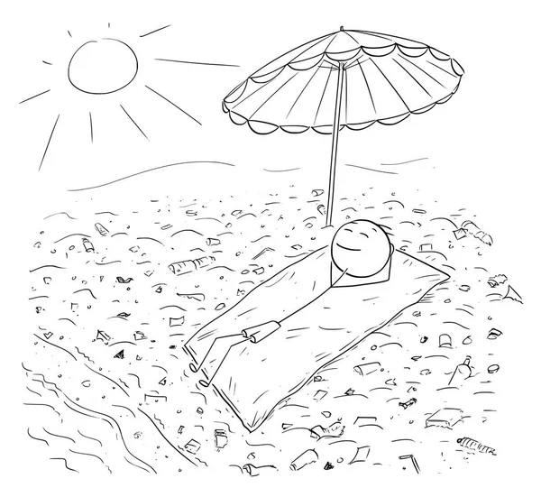 プラスチック廃棄物によって汚染されているビーチで横になっている男の漫画 — ストックベクタ