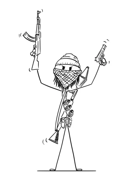 가 면된 이슬람 게릴라 전사의 총을 가진 전투기 만화 — 스톡 벡터
