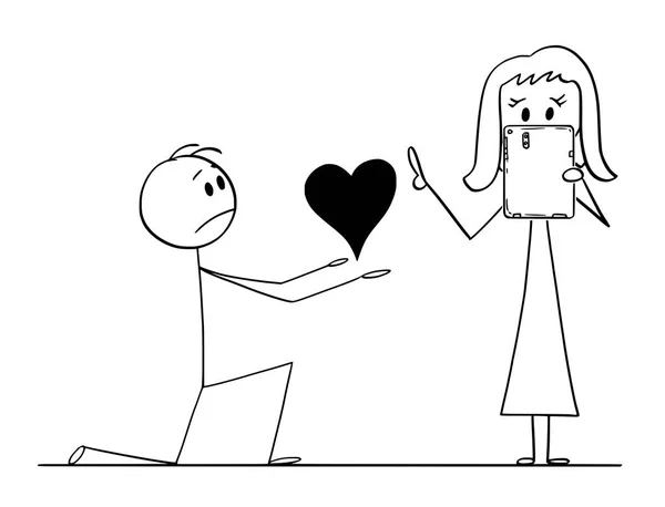 Cartoon van de Man op de knieën geven hart naar zijn vrouw van liefde, maar ze werkt aan Tablet in plaats daarvan — Stockvector