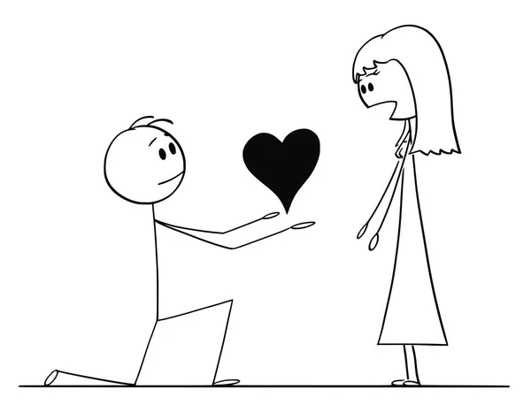 Desenhos animados do homem de joelhos dando coração a sua mulher surpreendida de amor —  Vetores de Stock