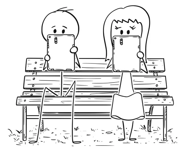 Dibujos animados de la pareja sentada en el banco del parque y trabajando o haciendo algo en las tabletas — Vector de stock