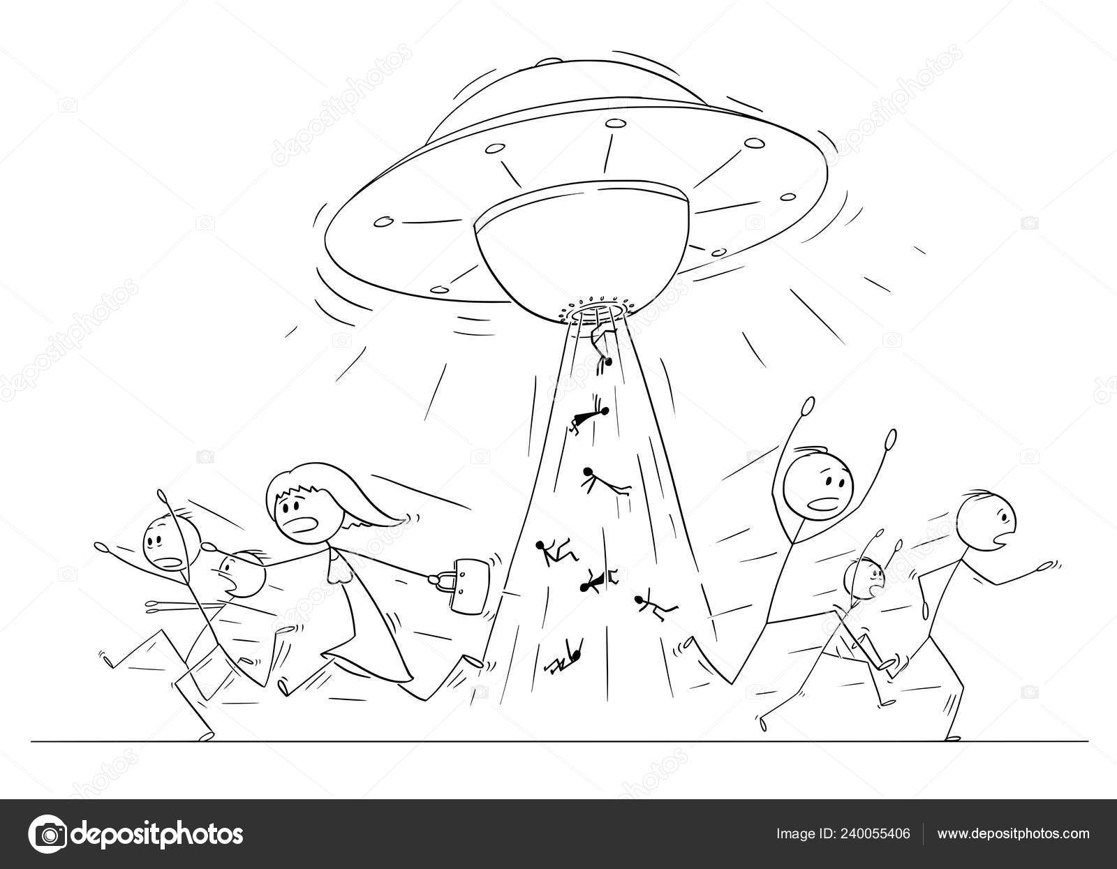 Cartoon Drawing of Crowd of People Running in Panic Away From UFO or Alien  Ship Abducting Human Beings Stock Vector Image by ©ursus@  #240055406