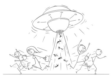 Cartoon Drawing of Crowd of People Running in Panic Away From UFO or Alien Ship Abducting Human Beings clipart