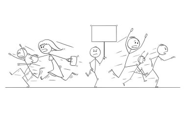 Cartoon Drawing of Crowd of People Running in Panic Away From Man With Empty Sign vector Cartoon Drawing of Crowd of People Running in Panic Away From Man With Empty Sign vector