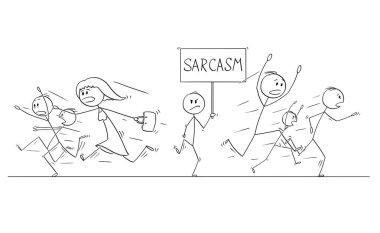 İğneleme işaretli insandan panik içinde çalışan insanlar kalabalık karikatür çizimi