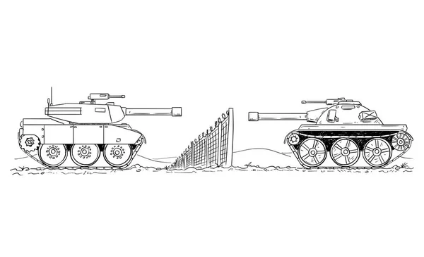 Karikaturenzeichnung zweier feindlicher Panzer, die sich an der Grenze verteidigen — Stockvektor