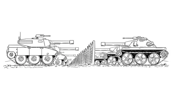 Desenho de desenhos animados do grupo de tanques inimigos defendendo na linha de fronteira —  Vetores de Stock