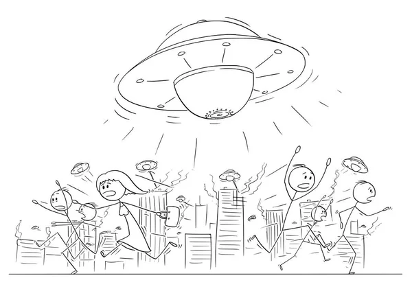 Dibujo de dibujos animados de multitud de personas corriendo en pánico lejos de OVNI o naves alienígenas atacando la ciudad — Archivo Imágenes Vectoriales