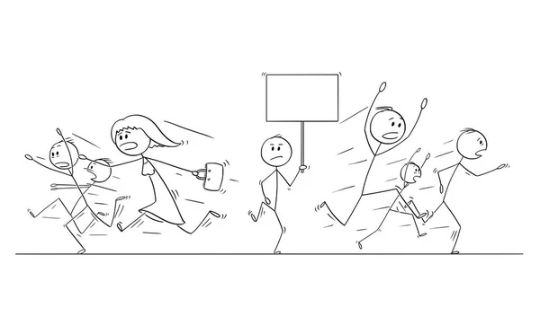 Cartoon Drawing of Crowd of People Running in Panic Away From Man With Empty Sign - Stok Vektor