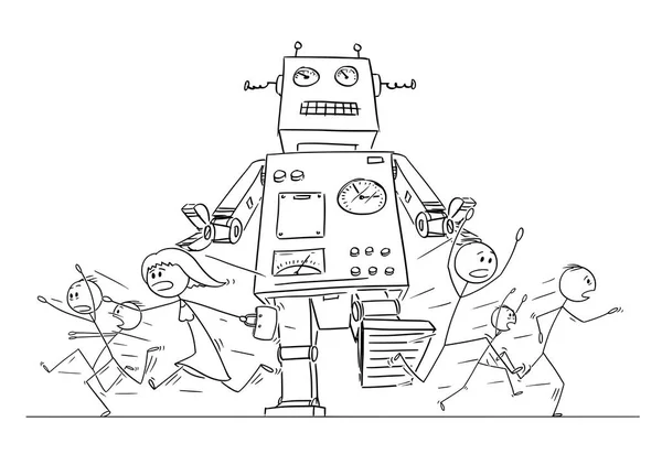 Dibujo de dibujos animados de multitud de personas corriendo en pánico lejos de robot retro gigante — Vector de stock