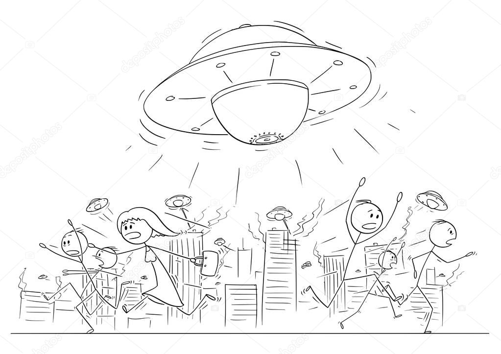 Cartoon Drawing of Crowd of People Running in Panic Away From UFO or Alien Ships Attacking City