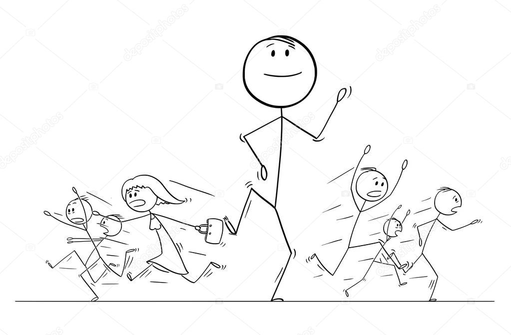 Cartoon Drawing of Crowd of People Running in Panic Away From Giant Man