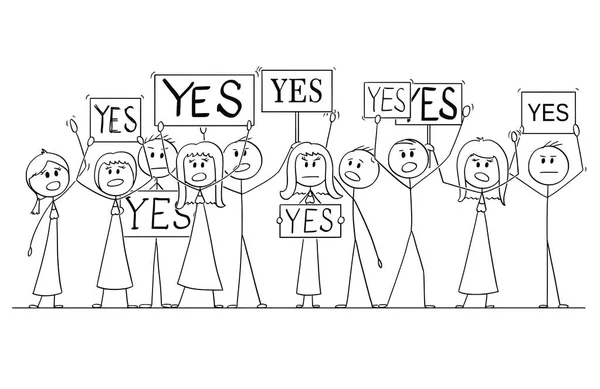 Cartoon Drawing of Group of People Protesting With Yes Signs (dalam bahasa Inggris) - Stok Vektor