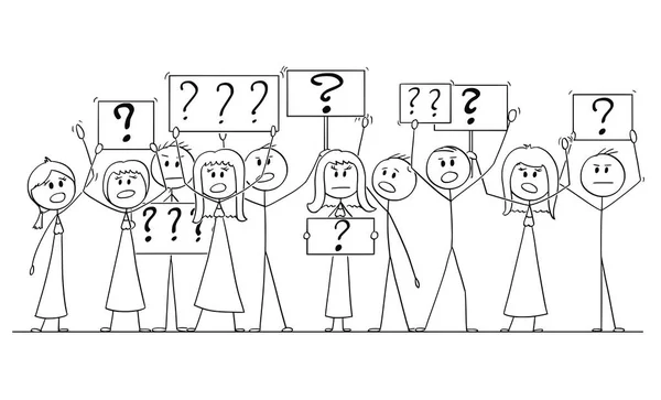 Desenho de desenhos animados de grupo de pessoas protestando com ponto de interrogação sobre sinais —  Vetores de Stock
