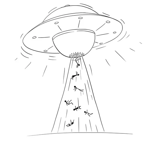 Карикатура на инопланетный космический корабль или НЛО, похищающий людей в лучах света — стоковый вектор