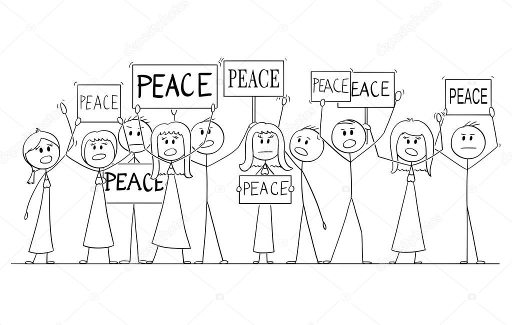 Cartoon Drawing of Group of People Demonstrating With Peace Text on Signs