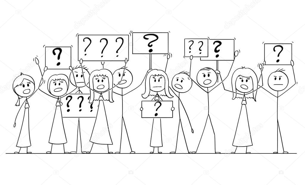 Cartoon Drawing of Group of People Protesting With Question Mark on Signs