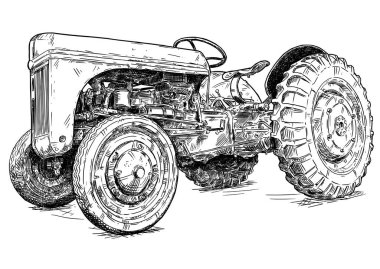 Cartoon or Comic Style Drawing of Old or Vintage Red Tractor clipart