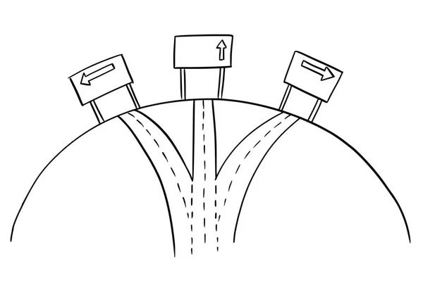 Dessin des panneaux fléchés carrefour et route directionnelle à trois voies — Image vectorielle