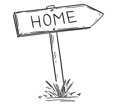 Eski ahşap yol ok işareti ile metin ev çizimi