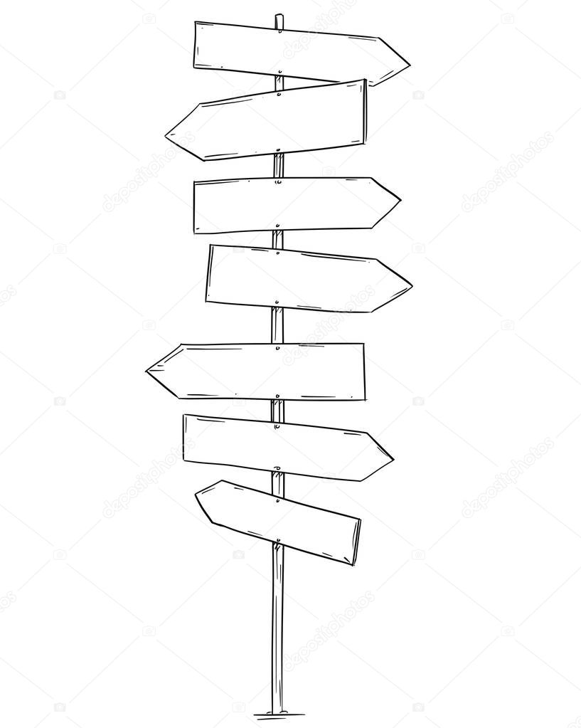 Drawing of Empty Old Wooden Road Seven Directions Arrow Sign