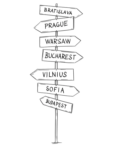 Desenho de estrada de madeira velha Sinal de seta direcional com cidades da Europa Oriental —  Vetores de Stock