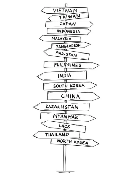 Disegno di vecchio strada direzionale freccia segno con i nomi di alcuni paesi asiatici — Vettoriale Stock
