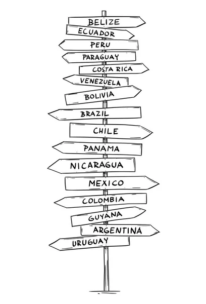 Desenho de estrada velha Sinal de seta direcional com nomes de alguns países do Sul ou da América Latina —  Vetores de Stock