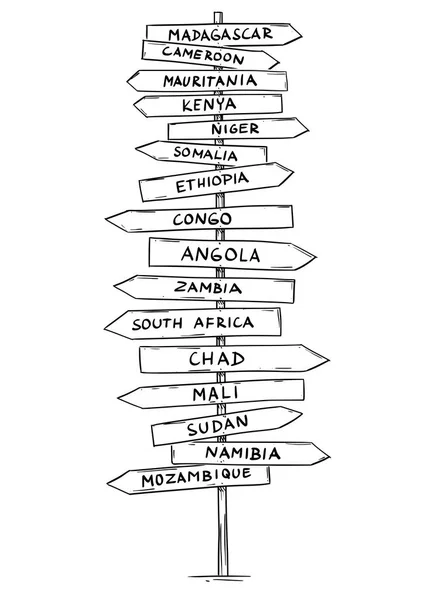 Disegno della vecchia strada direzionale freccia segno con i nomi dei paesi del Centro e Sud Africa — Vettoriale Stock