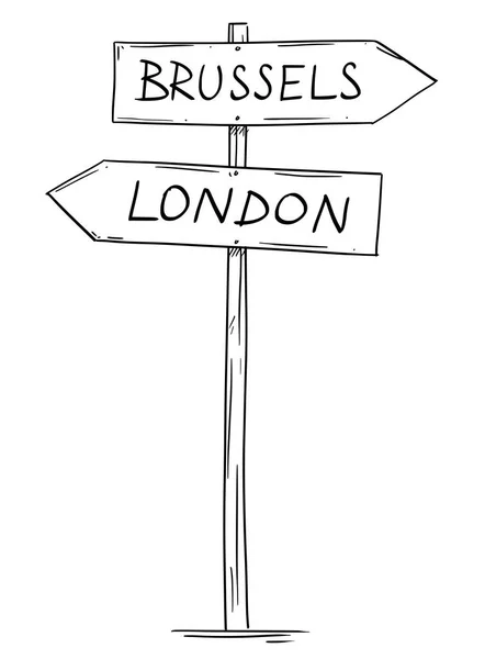 Dibujo del antiguo cartel de dos flechas direccionales con textos de Londres y Bruselas — Vector de stock