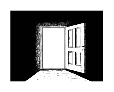 Karikatür açık ahşap karar kapı ve ondan gelen ışık.