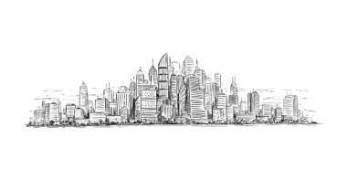 Gökdelen binalar, genel şehir yüksek doğmak Cityscape yatay resmini artistik çizim