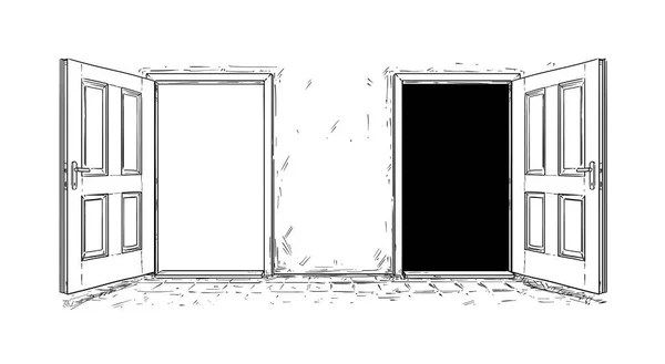 Kreskówki z dwóch otwartych decyzji drewniane drzwi — Zdjęcie stockowe
