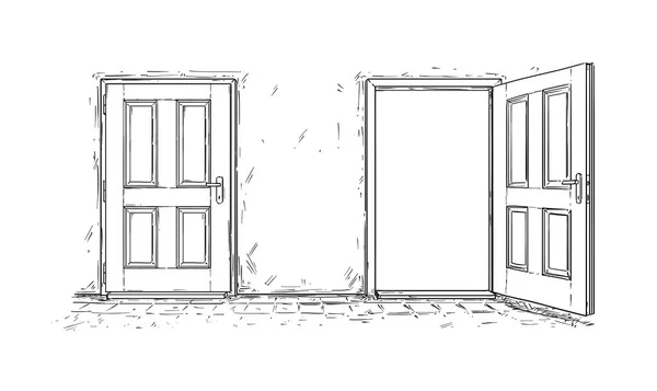 Cartoon of Two Open and Close Wooden Decision Door