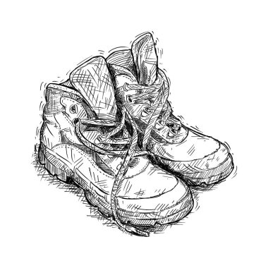 Yıpranmış Hiking bot çifti el çizimi