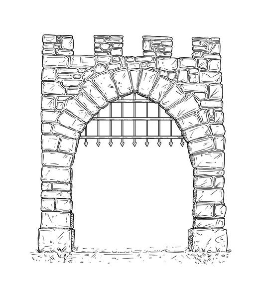 Cartoon of Open Stone Medieval Decision Gate with Iron Bars