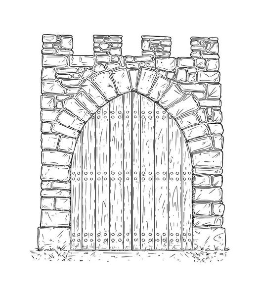 Cartoon of Stone Medieval Decision Gate Closed by Wooden Door — Stock Photo, Image