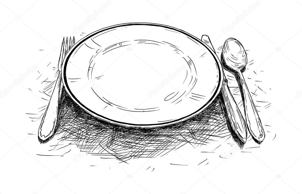 Artistic pen and ink drawing illustration of empty plate, knife and fork.