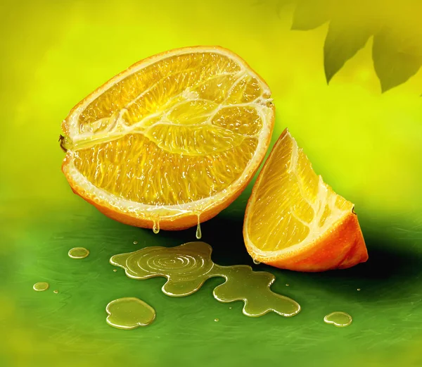 진한 녹색 배경에 주황색 과일의 디지털 그림 — 스톡 사진